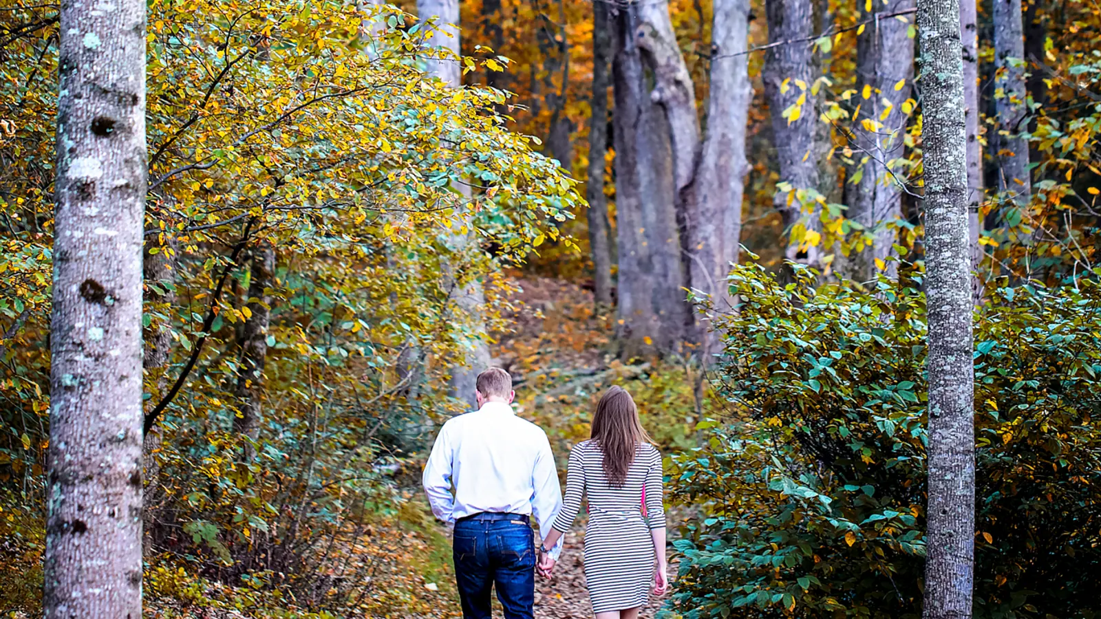 Couple walking a wooded trail in peak fall color near Charlottesville, Virginia