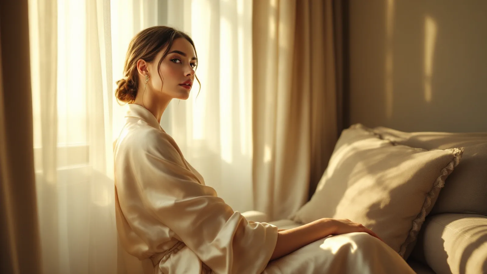 Soft natural light and elegant fabric detail evoking a boudoir photography session